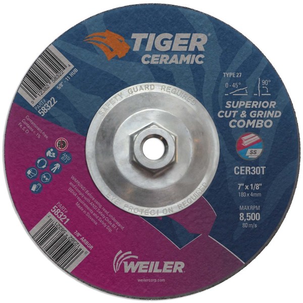 Weiler 7 x 1/8 TIGER CERAMIC Type 27 Cut/Grind Combo Wheel CER30T 5/8-11 Nut 58322